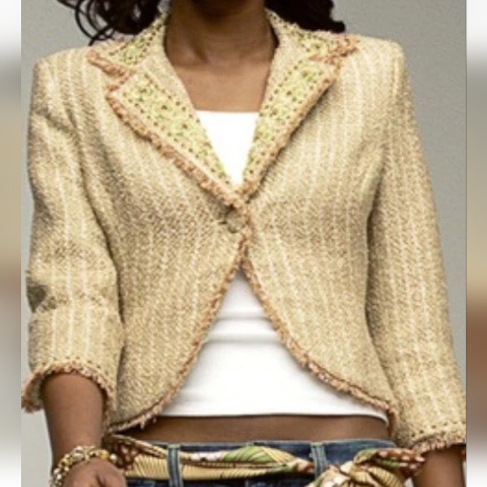 True Meaning Embelished Gold Cream Fringe Tweed Blazer Size M